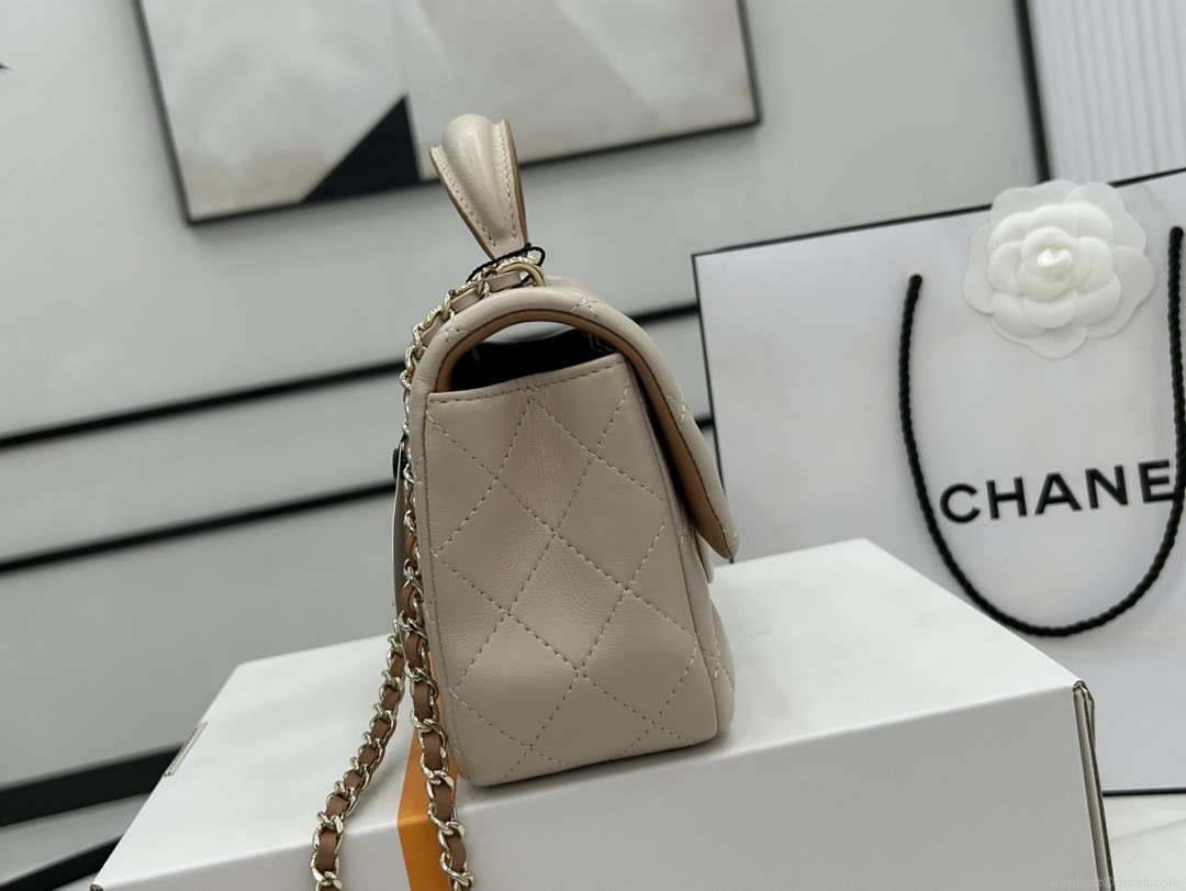Chanel AS2431 Mini flap Apricot with Brown Lambskin bag with top handle Gold
