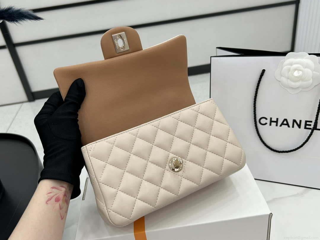Chanel AS2431 Mini flap Apricot with Brown Lambskin bag with top handle Gold