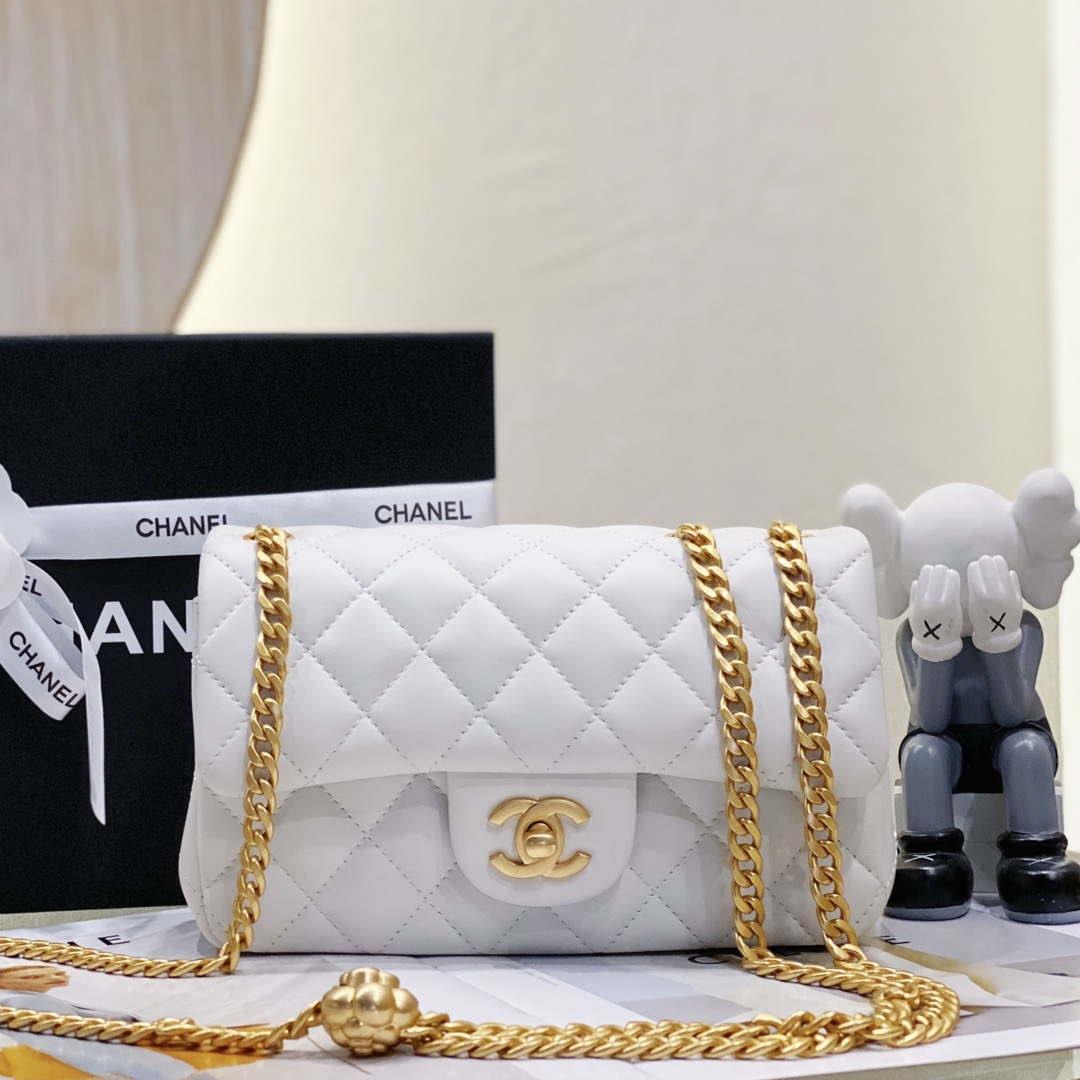 Chanel AS3041 Flap Classic Bag CF Camellia Lambskin White Gold