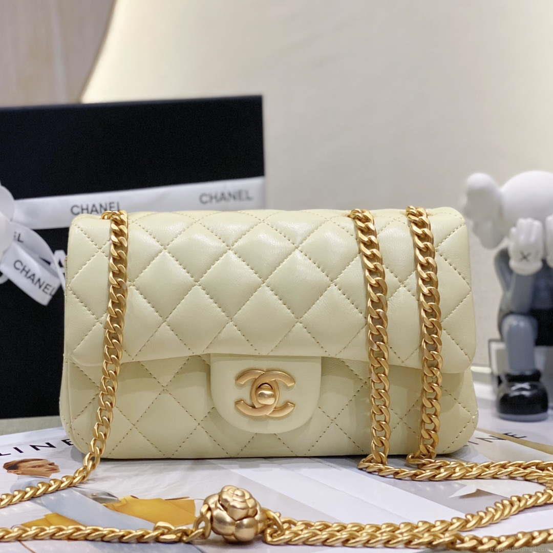 Chanel AS3041 Flap Classic Bag CF Camellia Lambskin Light Yellow Gold