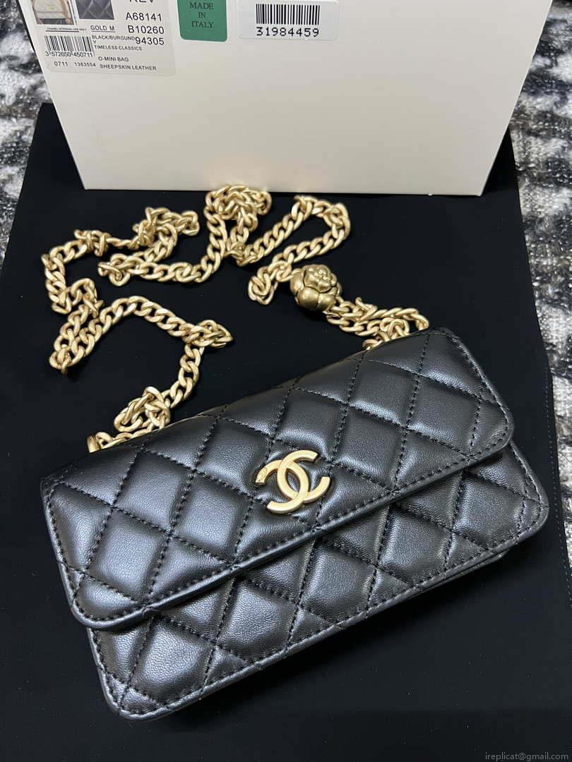 Chanel A68341 Flap Classic Bag Woc Camellia Lambskin Black