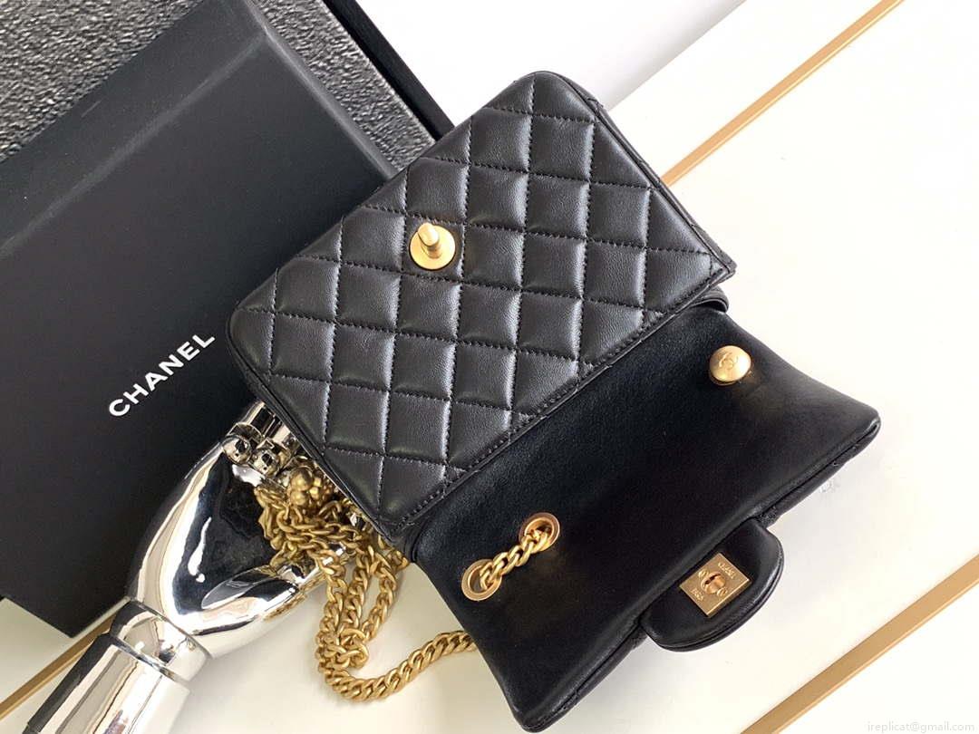 Chanel AS4040 Mini Flap Classic Bag 17 Woc Camellia Lambskin Black