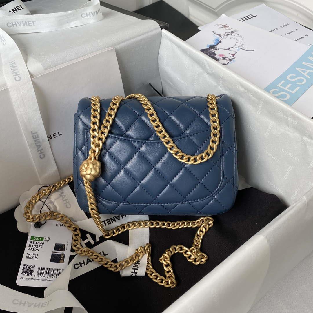 Chanel AS4040 Mini Flap Classic Bag 18 Woc Camellia Lambskin Dark Blue