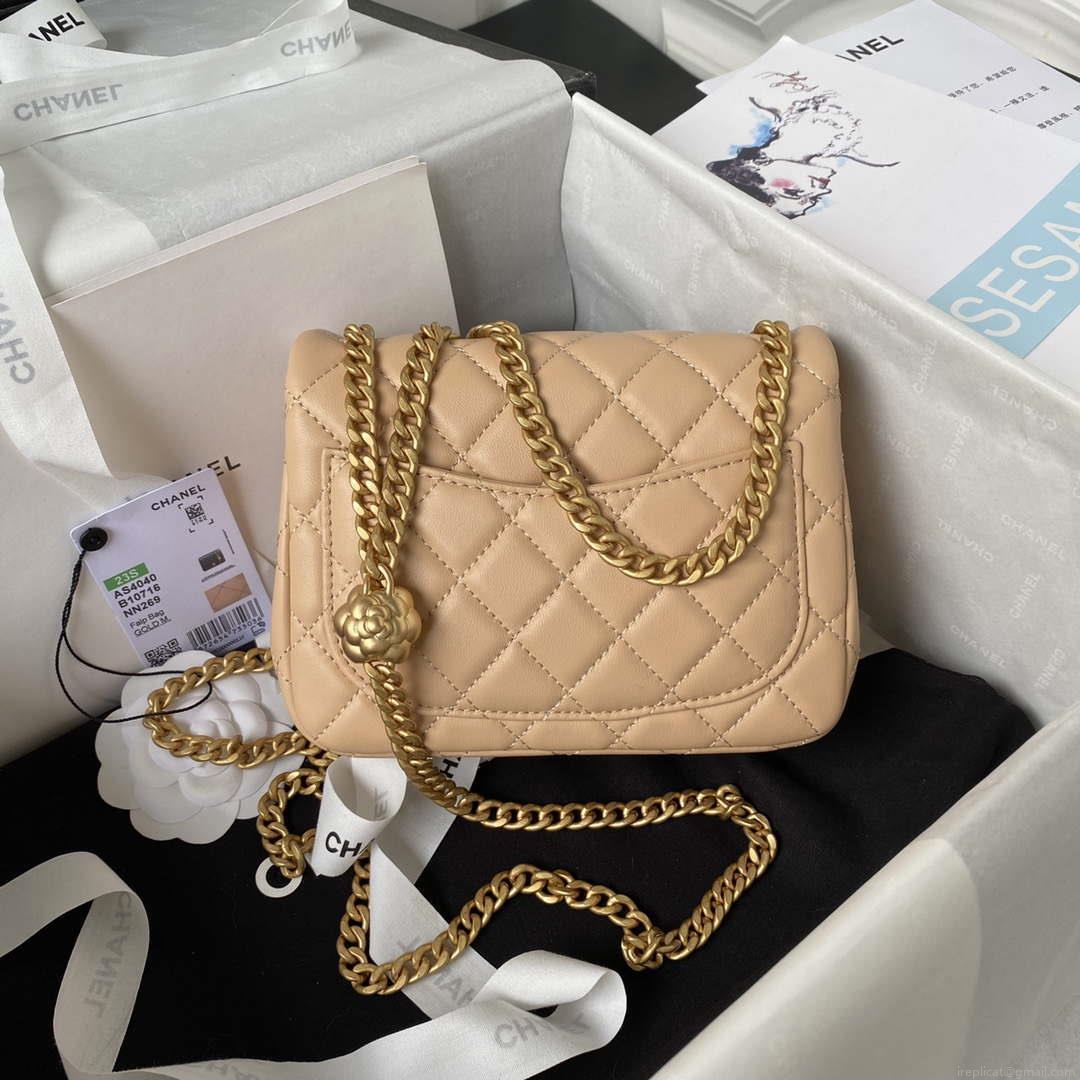 Chanel AS4040 Mini Flap Classic Bag 18 Woc Camellia Lambskin Apricot