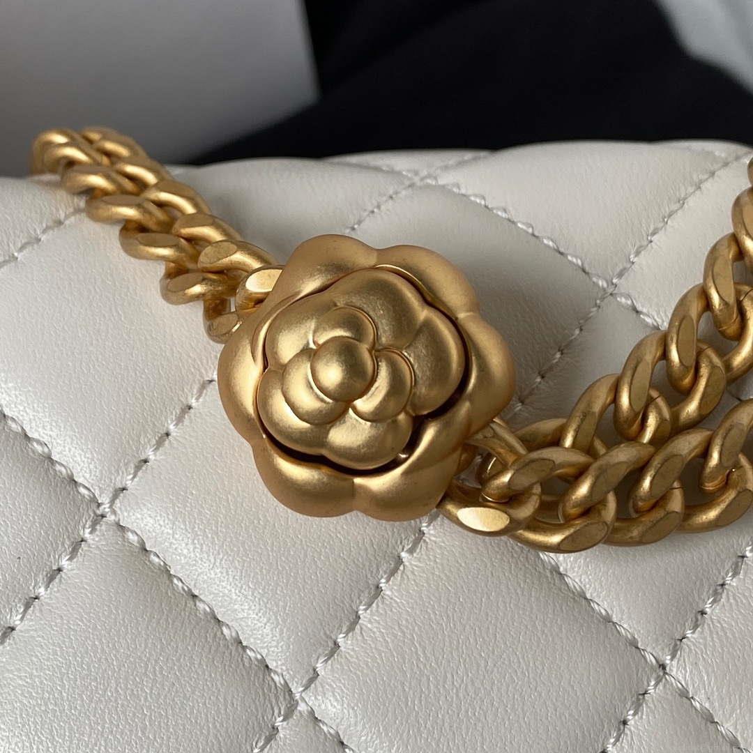 Chanel AS4041 Flap Classic Bag CF Camellia Lambskin White Gold