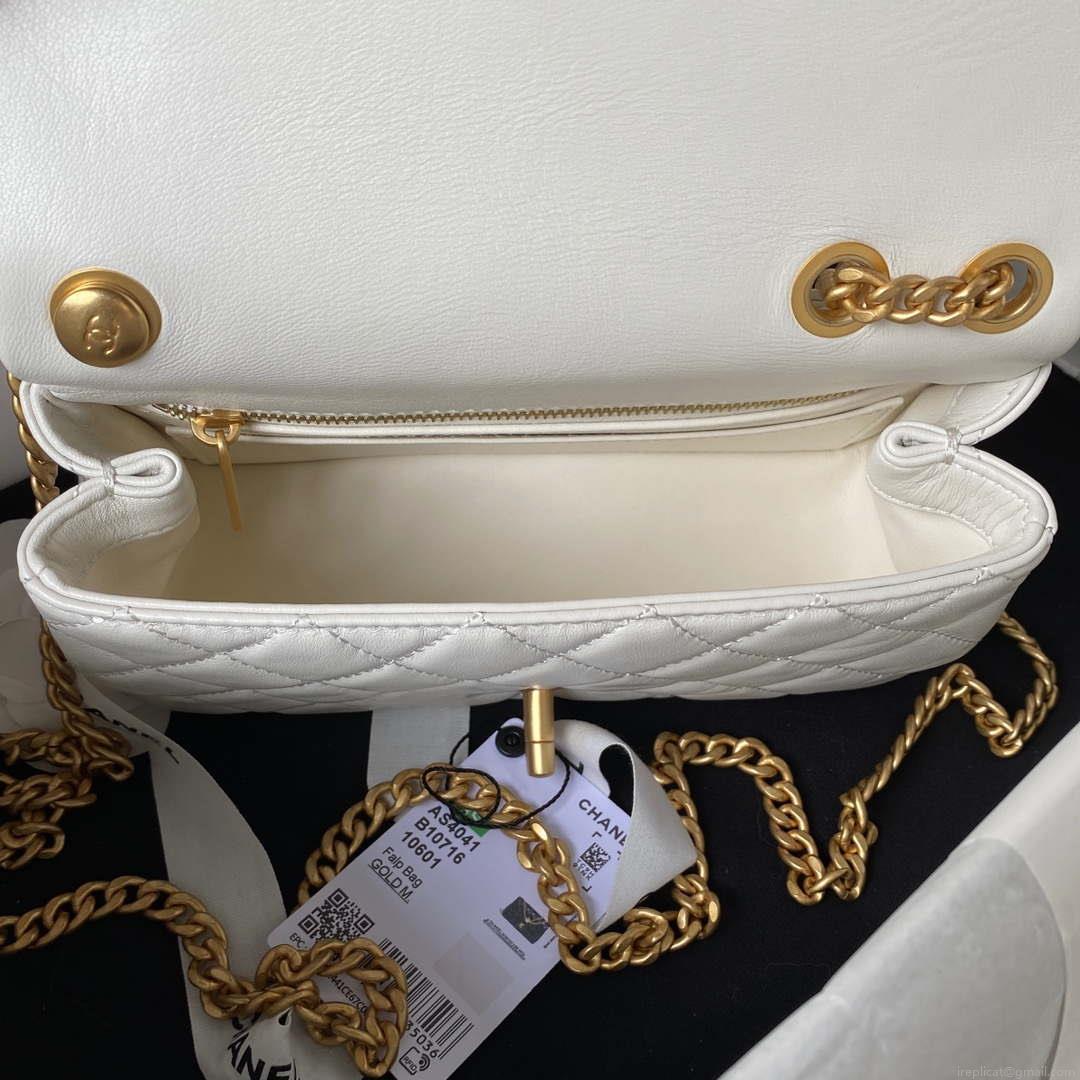 Chanel AS4041 Flap Classic Bag CF Camellia Lambskin White Gold