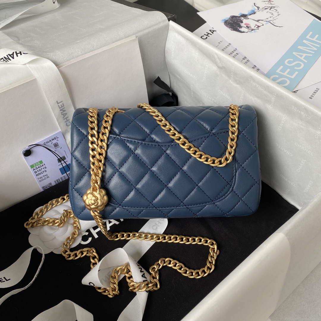 Chanel AS4041 Flap Classic Bag CF Camellia Lambskin Navy Blue Gold