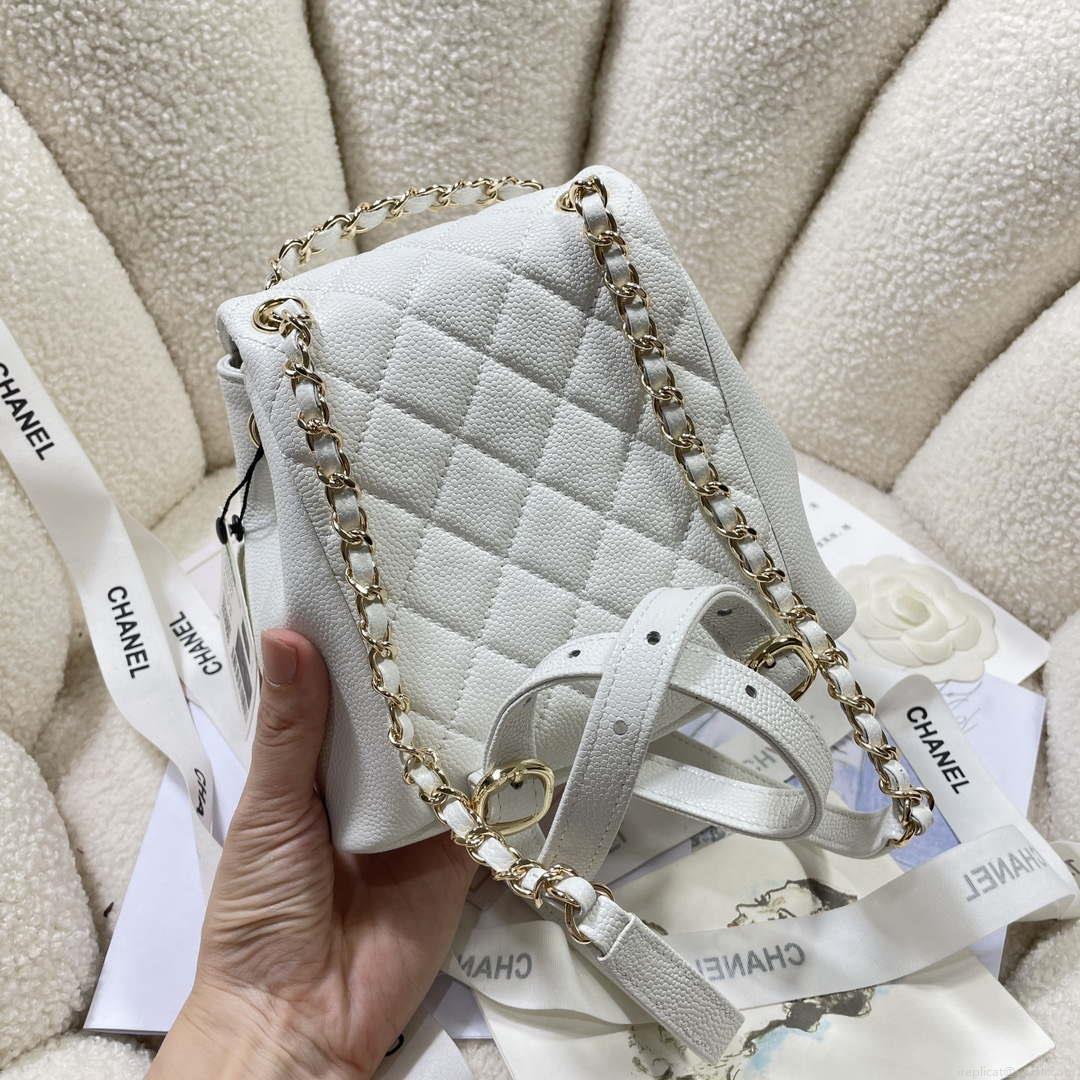 Chanel AS3787 Small Backpack Grained Shiny Calfskin & Gold-Tone Metal White