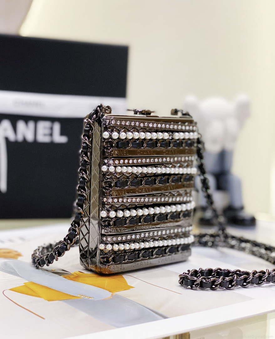 Chanel 22K Evening Bag With Pearls Black and Silver