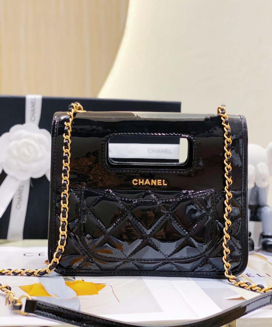Chanel AS4025 Mini Flap bag with top handle patent calfskin gold tone metal Black
