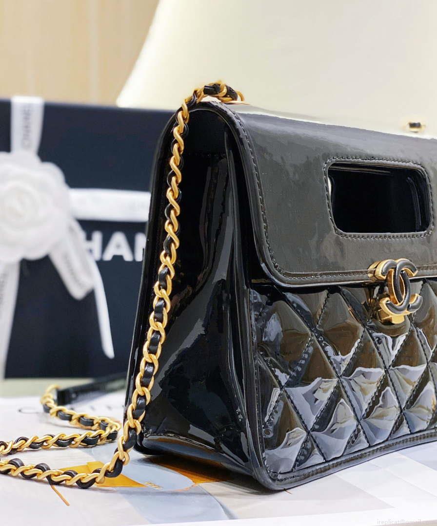 Chanel AS4025 Mini Flap bag with top handle patent calfskin gold tone metal Black