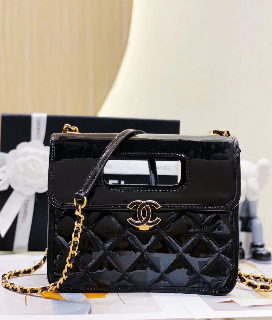 Chanel AS4025 Mini Flap bag with top handle patent calfskin gold tone metal Black