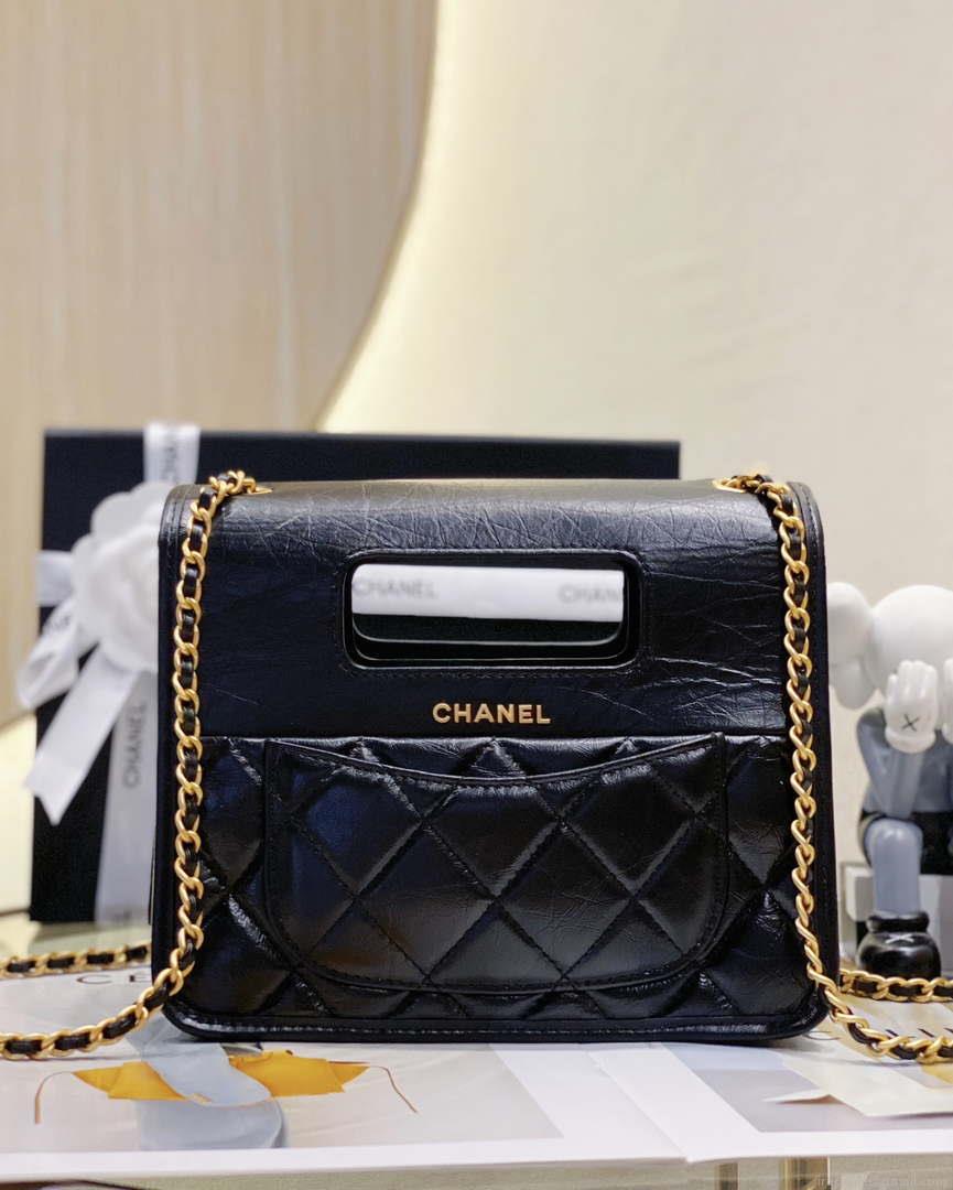 Chanel AS4025 Mini Flap bag with top handle calfskin gold tone metal Black