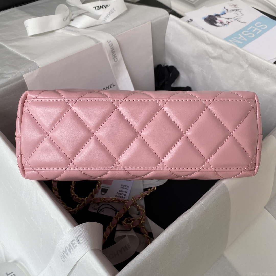 Chanel AS3970 Flap Bag with top handle Lambskin gold tone metal Pink