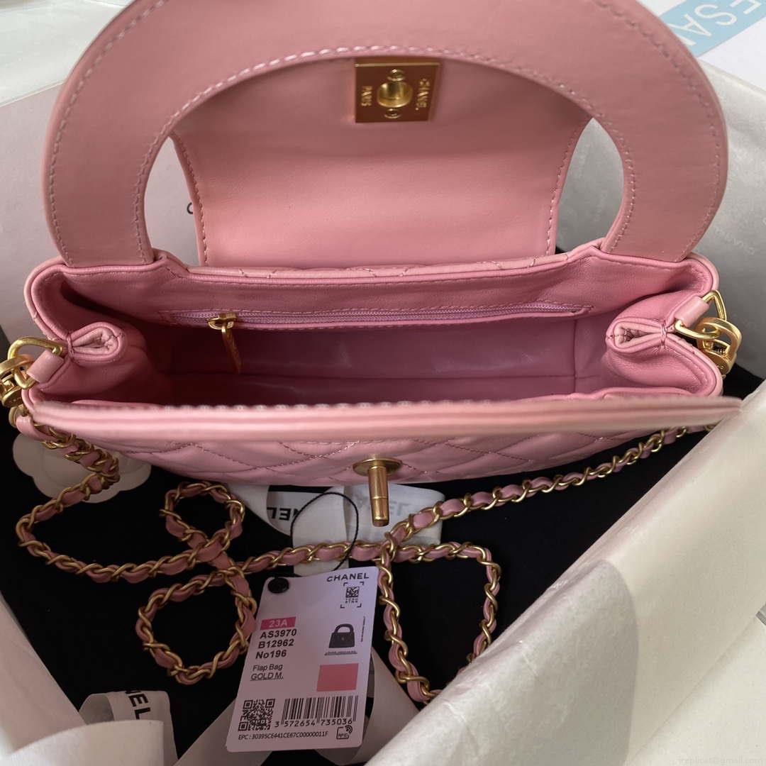 Chanel AS3970 Flap Bag with top handle Lambskin gold tone metal Pink