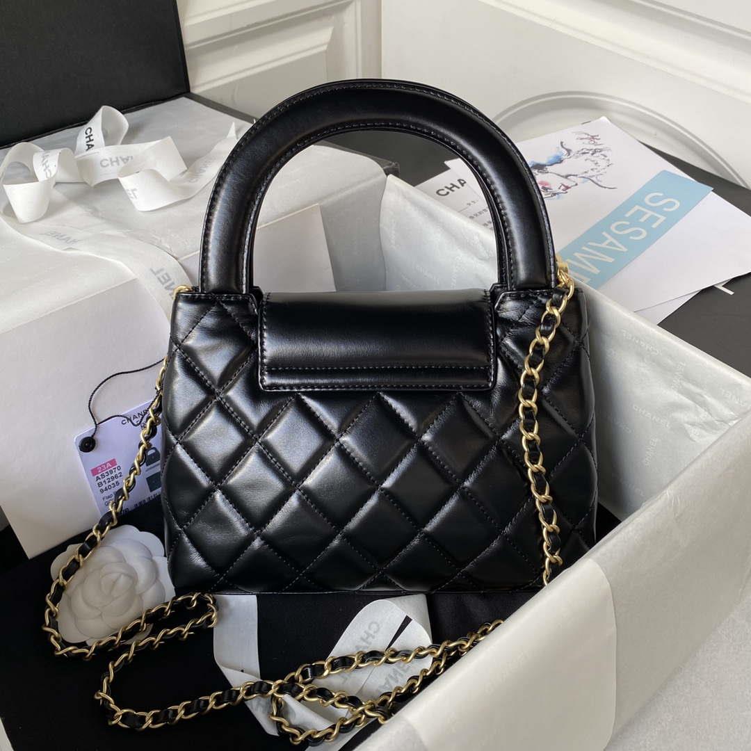 Chanel AS3970 Flap Bag with top handle Lambskin gold tone metal Black