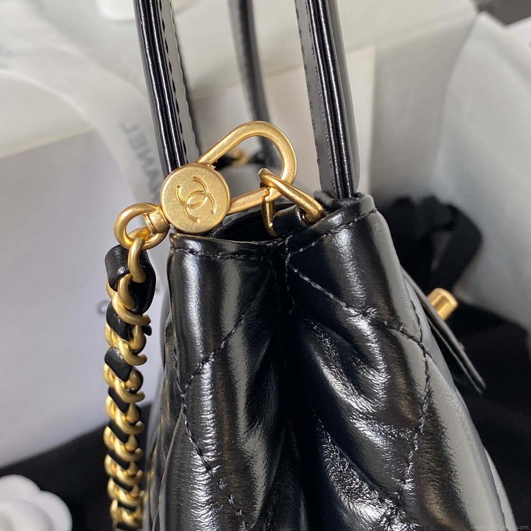 Chanel AS3970 Flap Bag with top handle Lambskin gold tone metal Black