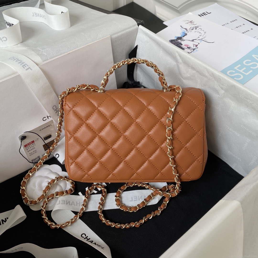 Chanel AS4141 Camellia Embossed With top Handle Bag Caramel