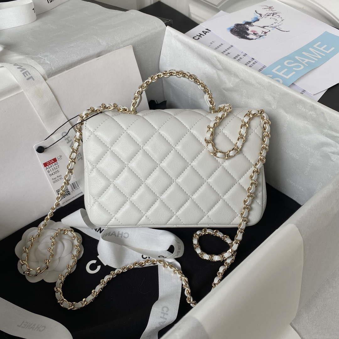 Chanel AS4140 Camellia Embossed With top Handle Bag White