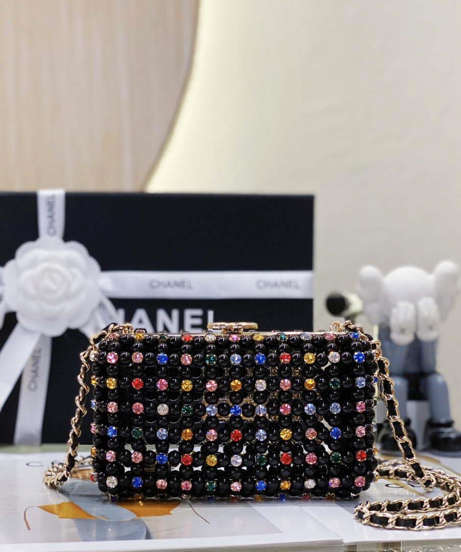 Chanel AS3771 EVENING Bag Glass Pearls & Gold-Tone Metal Black & Multicolor
