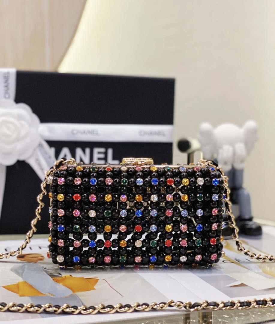Chanel AS3771 EVENING Bag Glass Pearls & Gold-Tone Metal Black & Multicolor