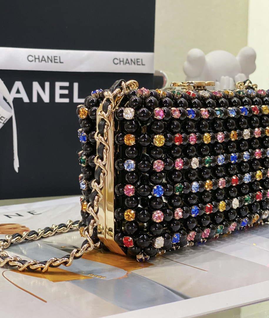 Chanel AS3771 EVENING Bag Glass Pearls & Gold-Tone Metal Black & Multicolor