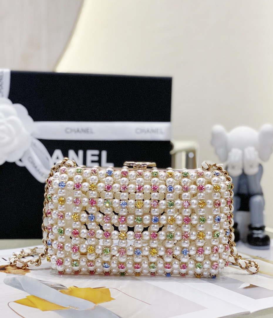 Chanel AS3771 EVENING Bag Glass Pearls & Gold-Tone Metal White & Multicolor