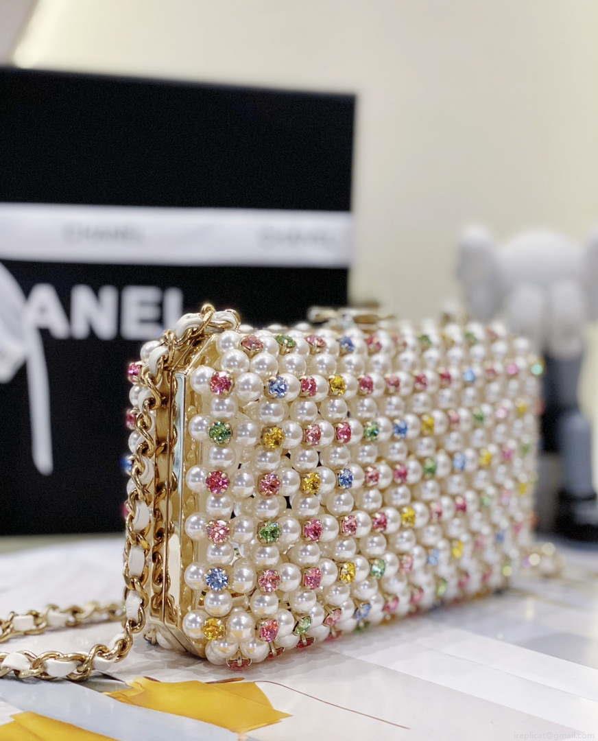 Chanel AS3771 EVENING Bag Glass Pearls & Gold-Tone Metal White & Multicolor