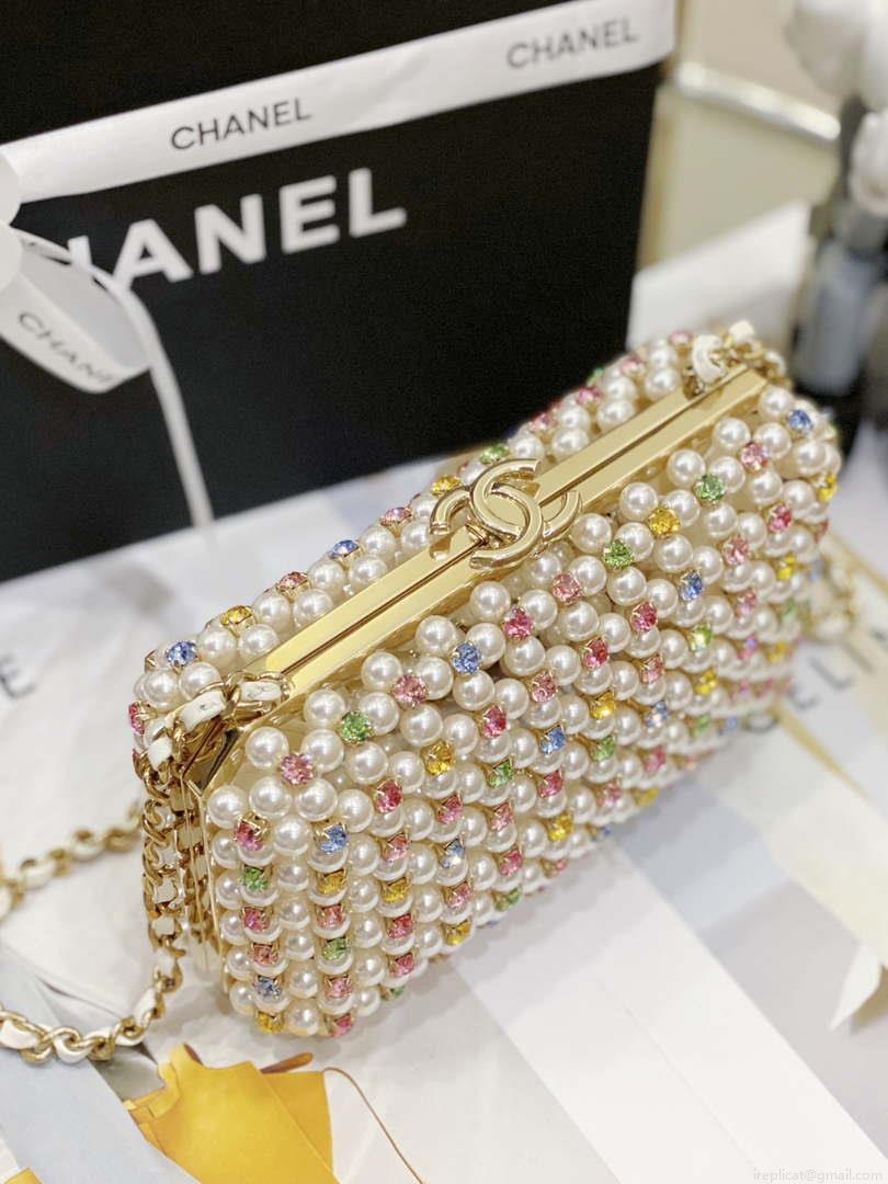 Chanel AS3771 EVENING Bag Glass Pearls & Gold-Tone Metal White & Multicolor