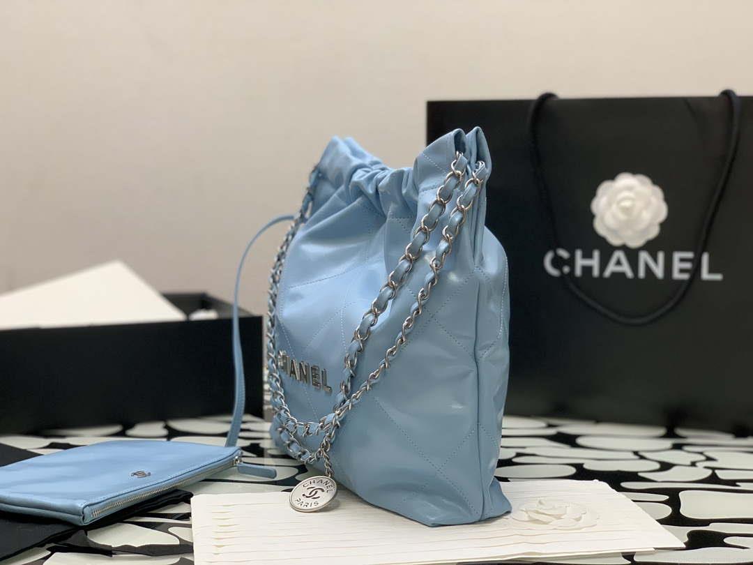 Chanel 22 AS3260 Small Handbag Shiny Calfskin Light Blue Silver