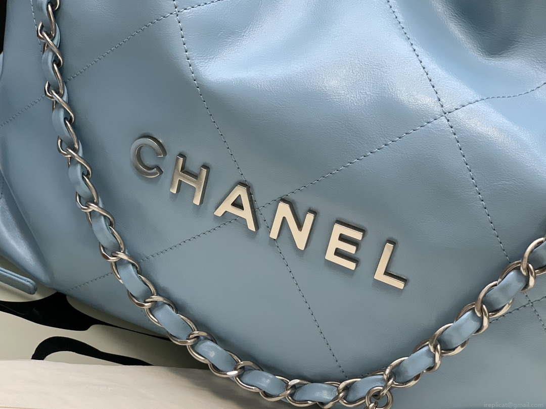 Chanel 22 AS3260 Small Handbag Shiny Calfskin Light Blue Silver