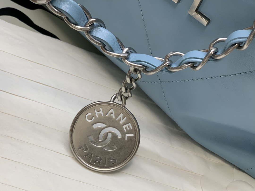 Chanel 22 AS3260 Small Handbag Shiny Calfskin Light Blue Silver
