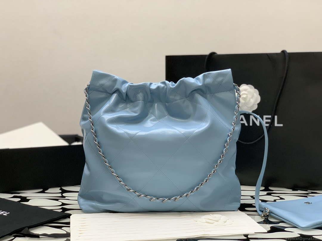 Chanel 22 AS3260 Small Handbag Shiny Calfskin Light Blue Silver