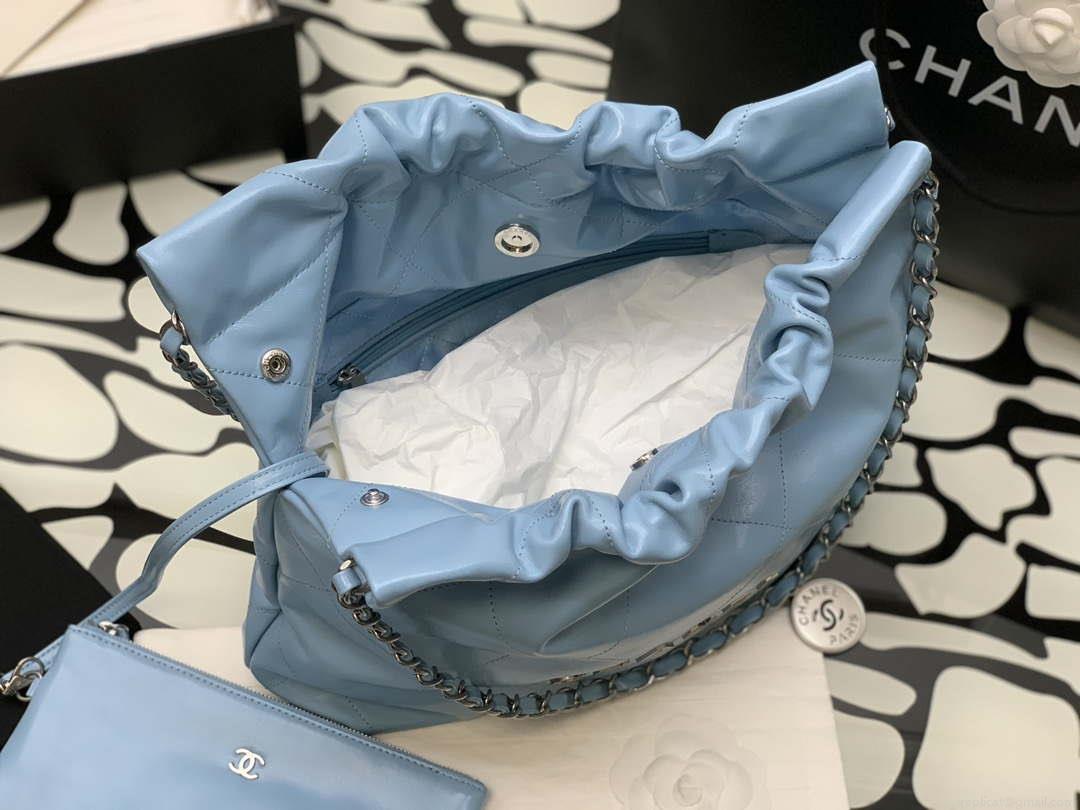 Chanel 22 AS3260 Small Handbag Shiny Calfskin Light Blue Silver
