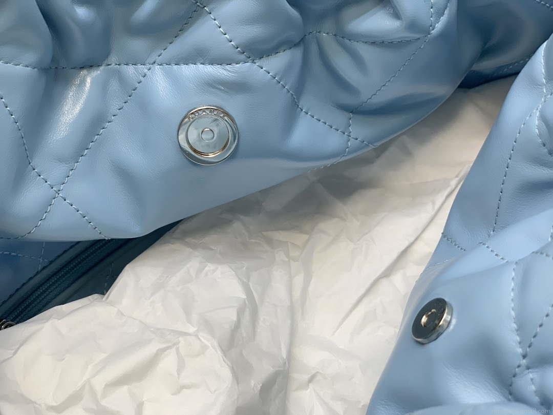 Chanel 22 AS3260 Small Handbag Shiny Calfskin Light Blue Silver