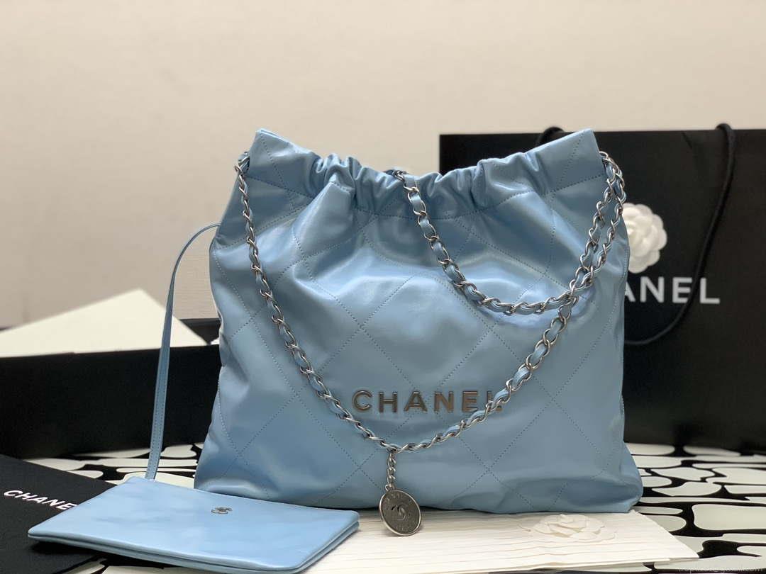 Chanel 22 Handbag Shiny Calfskin Gold AS3261 Light Blue Silver