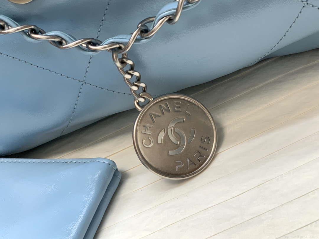 Chanel 22 Handbag Shiny Calfskin Gold AS3261 Light Blue Silver
