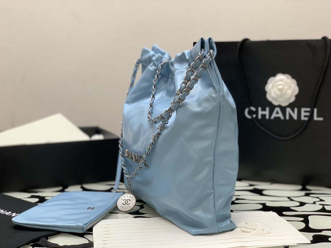 Chanel 22 Handbag Shiny Calfskin Gold AS3261 Light Blue Silver