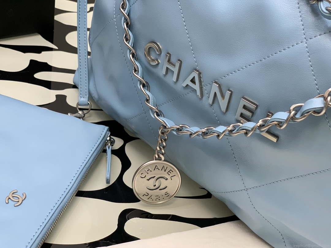 Chanel 22 Handbag Shiny Calfskin Gold AS3261 Light Blue Silver