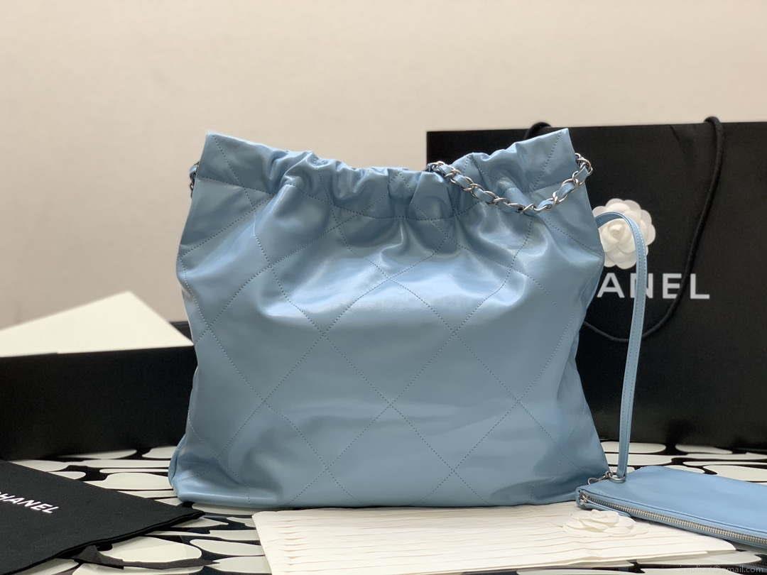 Chanel 22 Handbag Shiny Calfskin Gold AS3261 Light Blue Silver