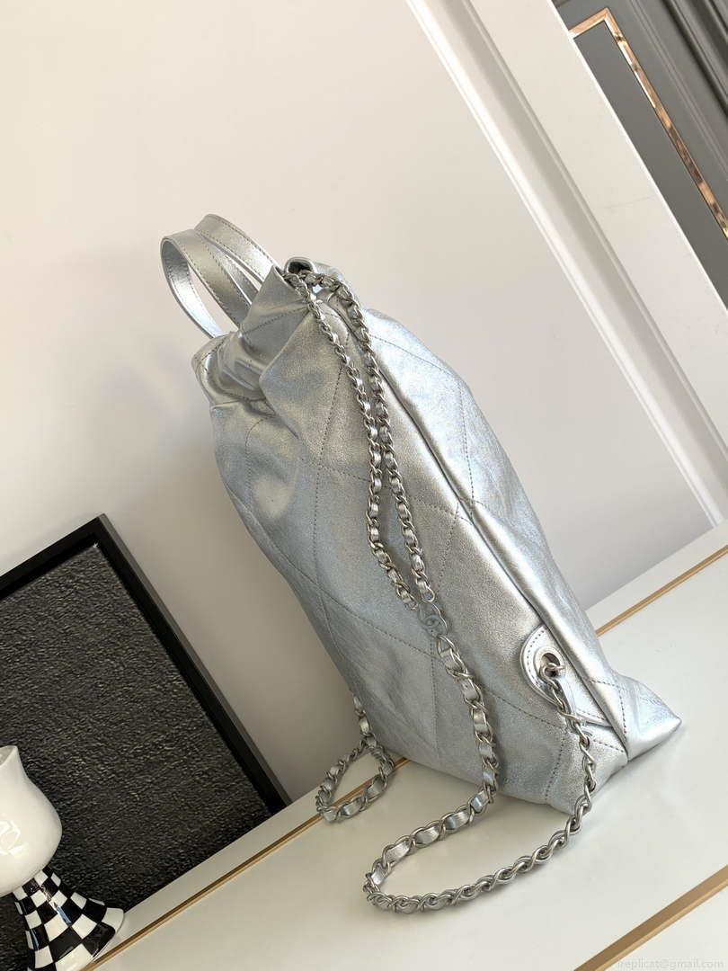 Chanel 22 Backpack AS3859 Shiny Silver Calfskin With Sliver Logo