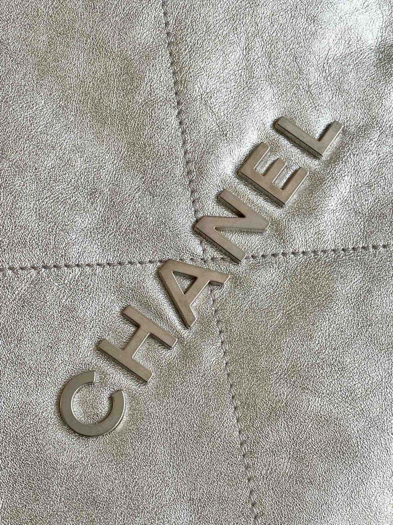 Chanel 22 Backpack AS3859 Shiny Silver Calfskin With Sliver Logo