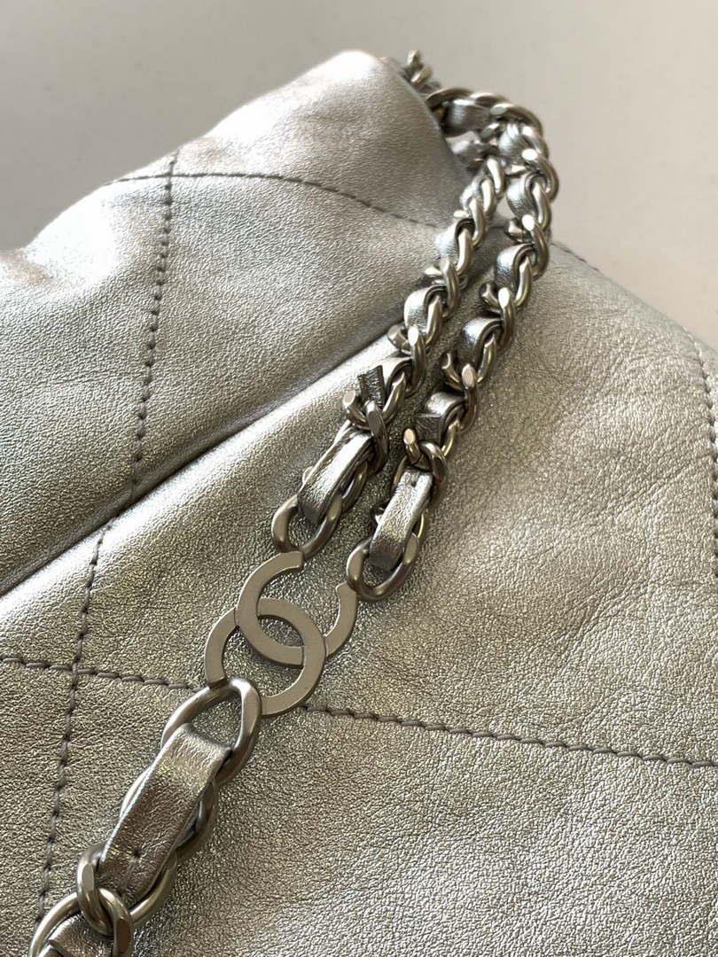 Chanel 22 Backpack AS3859 Shiny Silver Calfskin With Sliver Logo