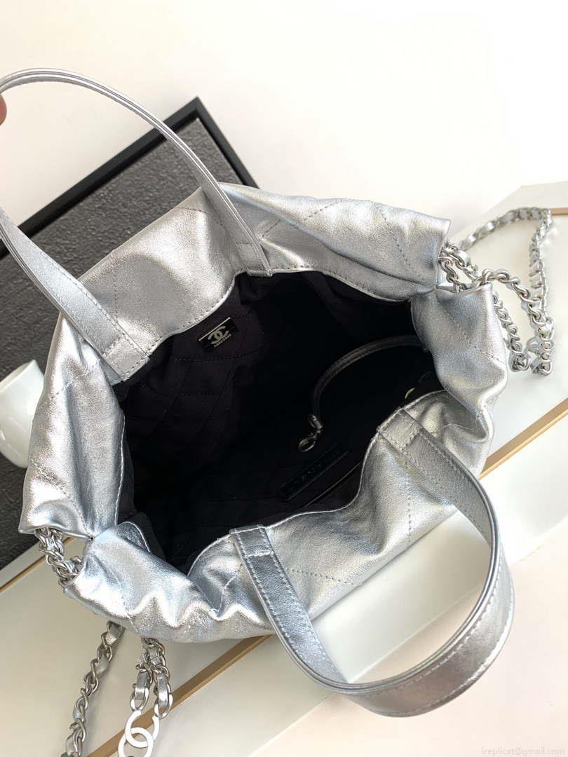 Chanel 22 Backpack AS3859 Shiny Silver Calfskin With Sliver Logo