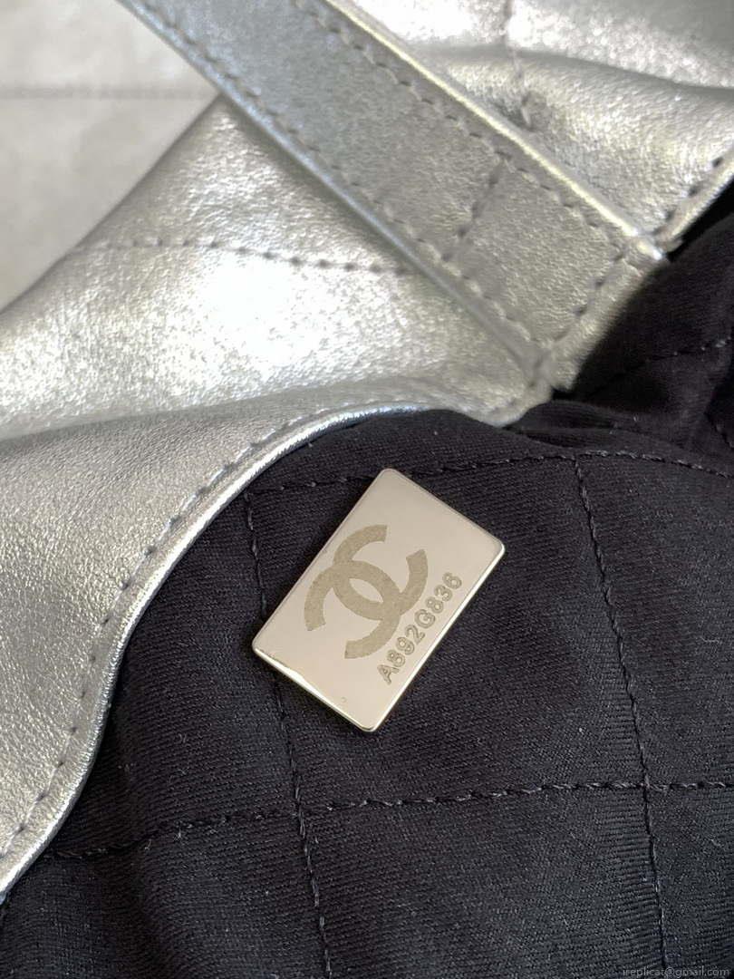Chanel 22 Backpack AS3859 Shiny Silver Calfskin With Sliver Logo