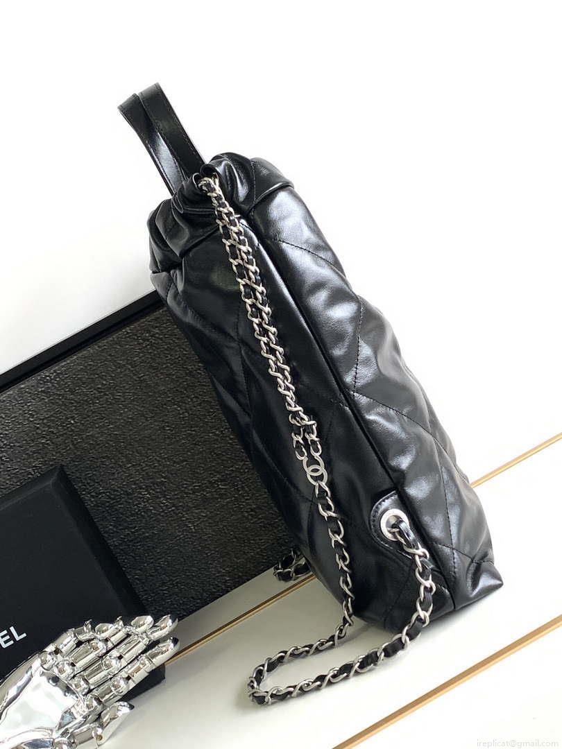 Chanel 22 Backpack AS3859 Shiny Black Calfskin With Sliver Logo