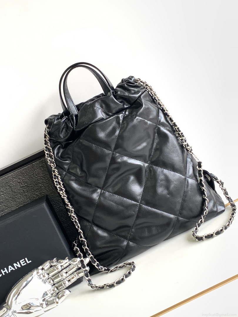 Chanel 22 Backpack AS3859 Shiny Black Calfskin With Sliver Logo