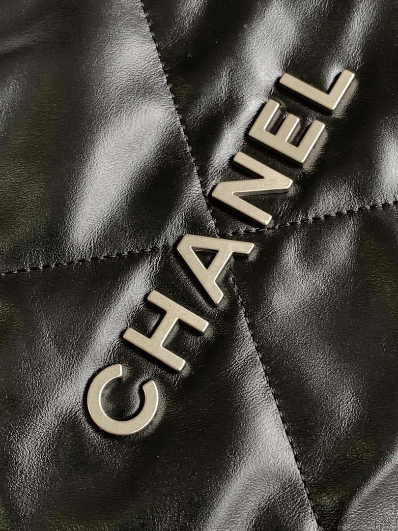 Chanel 22 Backpack AS3859 Shiny Black Calfskin With Sliver Logo