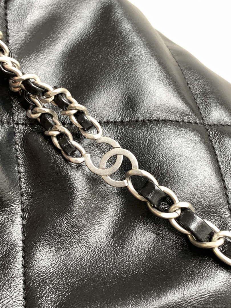 Chanel 22 Backpack AS3859 Shiny Black Calfskin With Sliver Logo