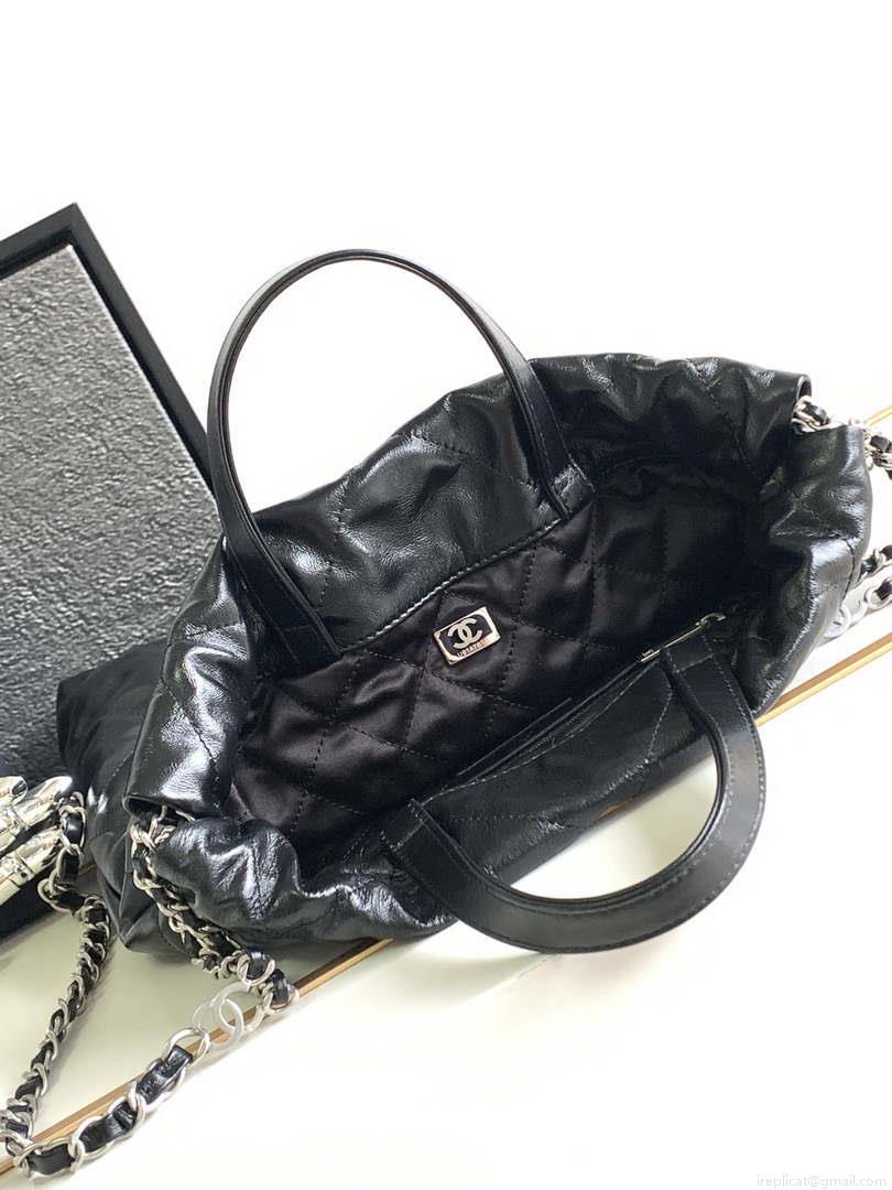 Chanel 22 Backpack AS3859 Shiny Black Calfskin With Sliver Logo
